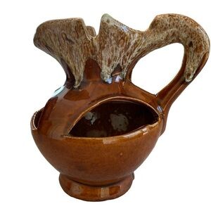 Studio Pottery Brown Glazed Strawberry Pitcher Planter 7”